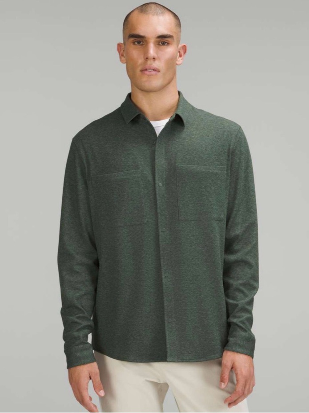 Men's Lululemon Soft Knit Button Down Overshirt Heathered Smoked Spruce